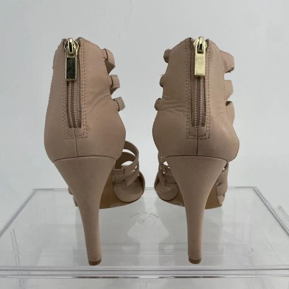 BCBGeneration Strappy Cage Shoes 7.5 B Stilletto Heels Nude Zip Back Open Toe - Picture 5 of 11